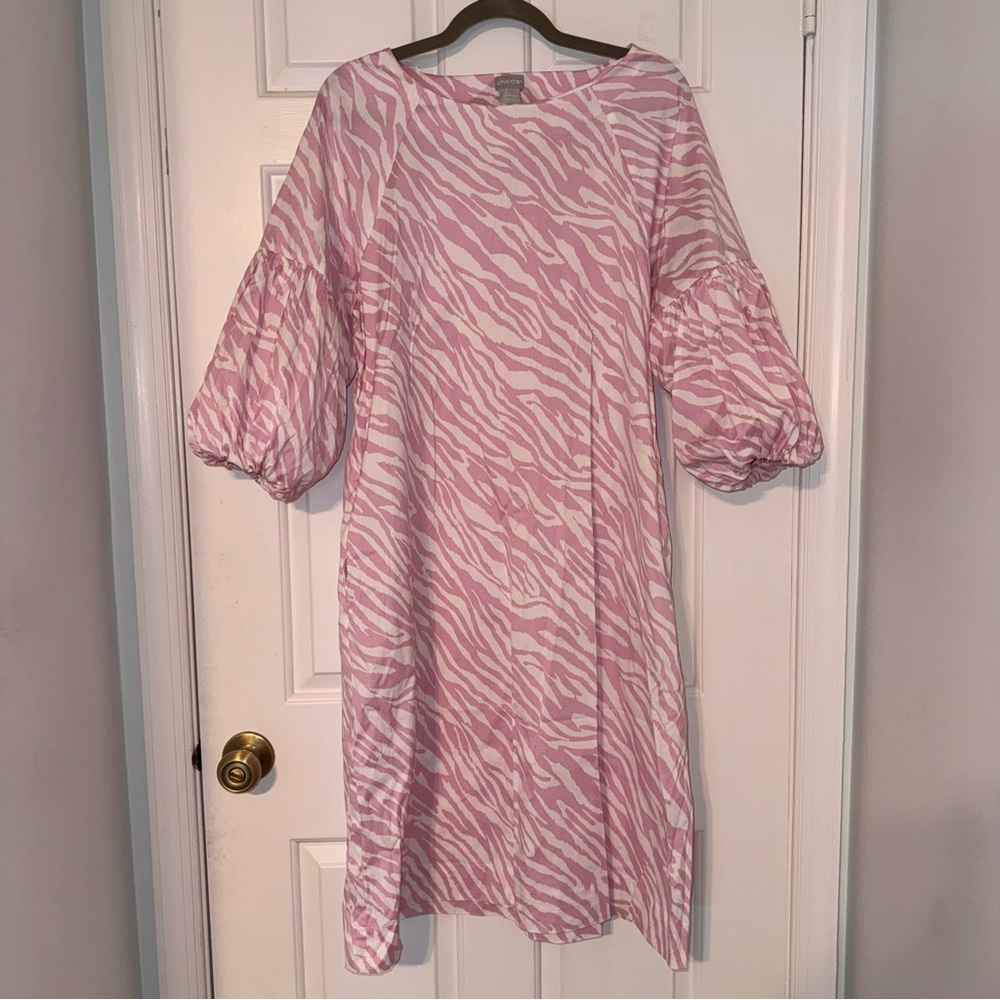 Chico's Light Pink white zebra print balloon sleeve midi dress L 12/14 - Picture 4 of 16